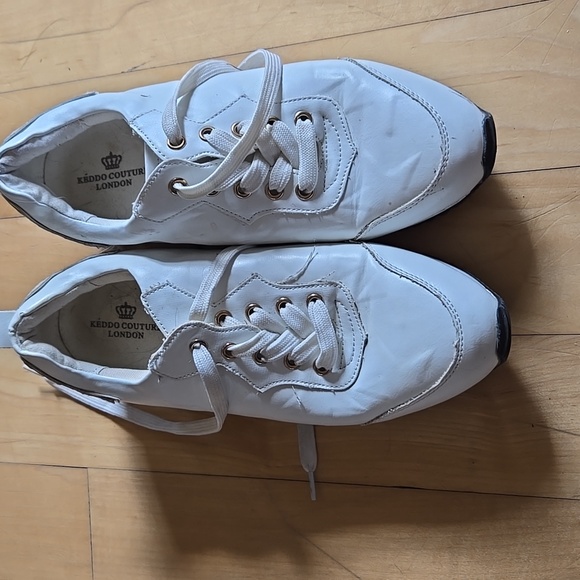 EURO RETRO FAUX LEATHER White GOLD STARS Platform Sneakers with Gold Trim 8.5 - Picture 3 of 12